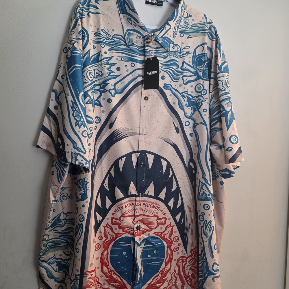 Shark Print Casual Button Down Shirt - Blue and Red 5XLT Eleven Oasis